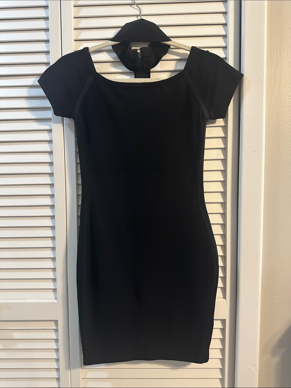 Classic Black Short-Sleeve Mini Sheath Dress with choker neckline. MARCIANO